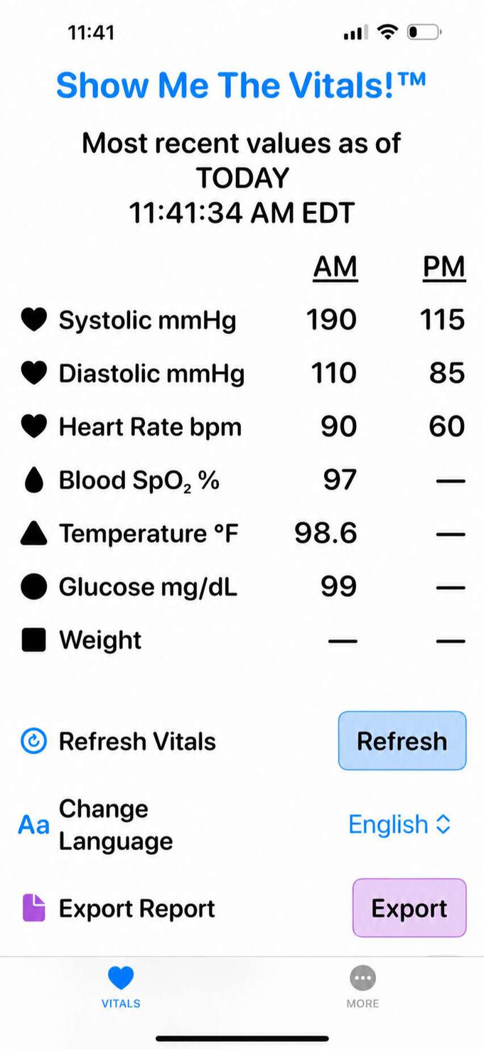 Show Me The Vitals app screen showing the entire app in day mode.