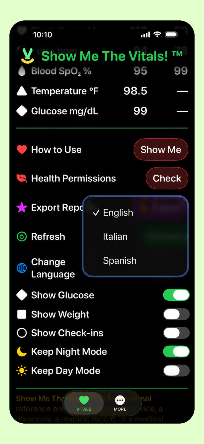 Language selection popup showing selected language among list of others.