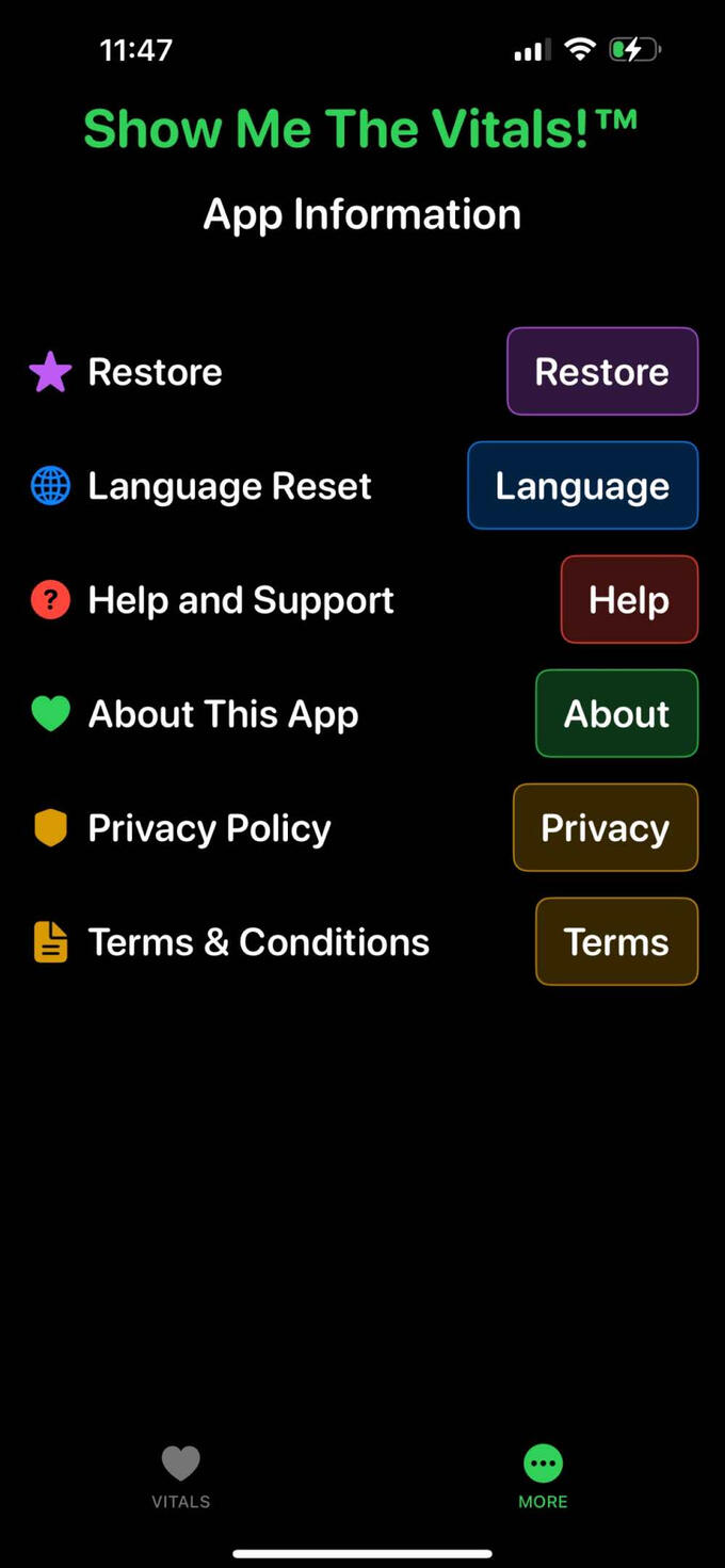 Show Me The Vitals app information screen with settings and support buttons.