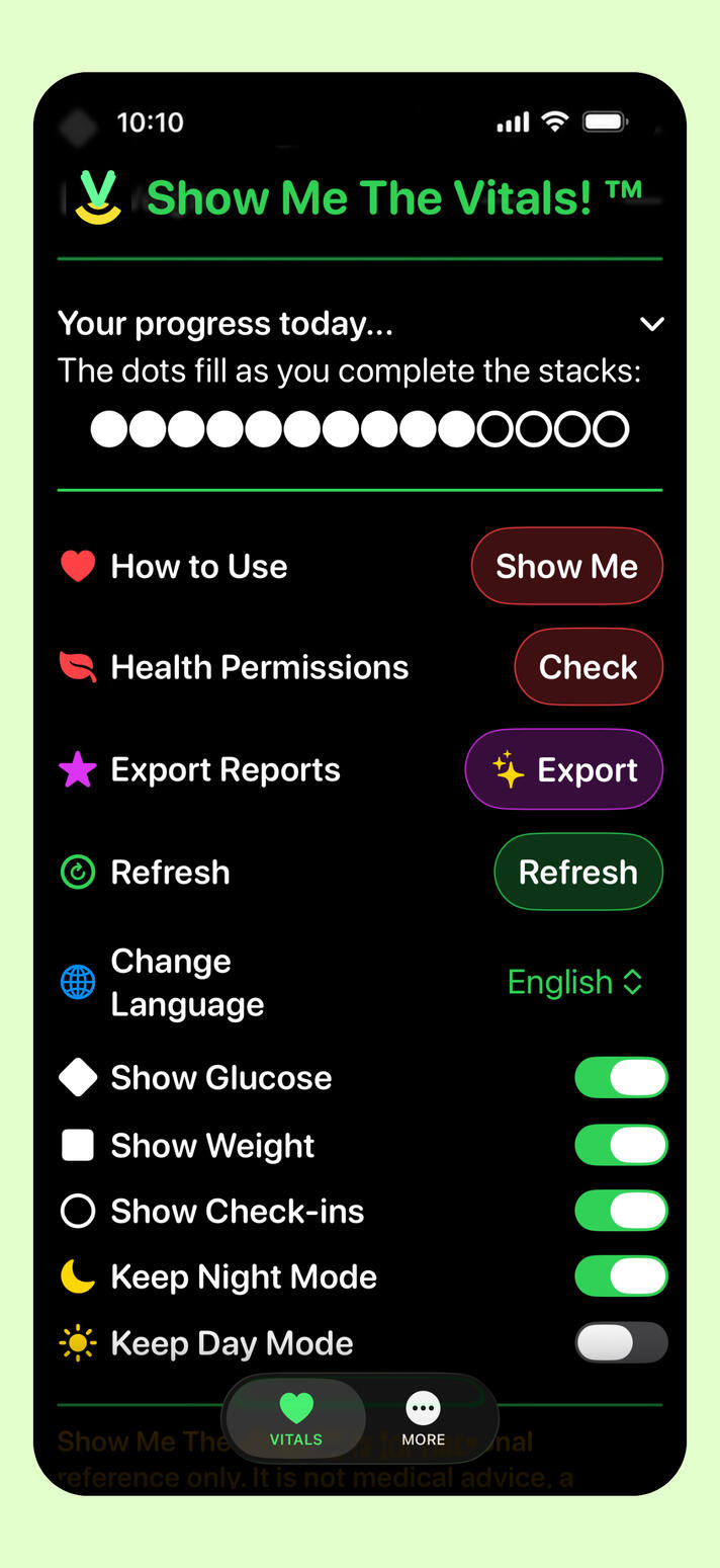 App settings list: How to Use, Health Permissions, Export, Refresh, Language, toggles.