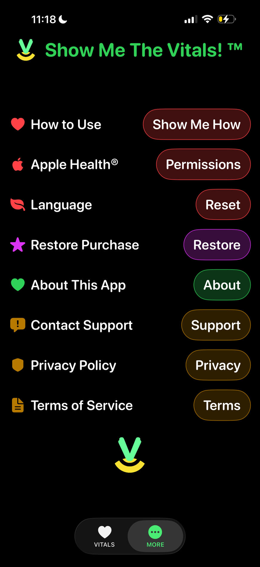 Show Me The Vitals app information screen with settings and support buttons.