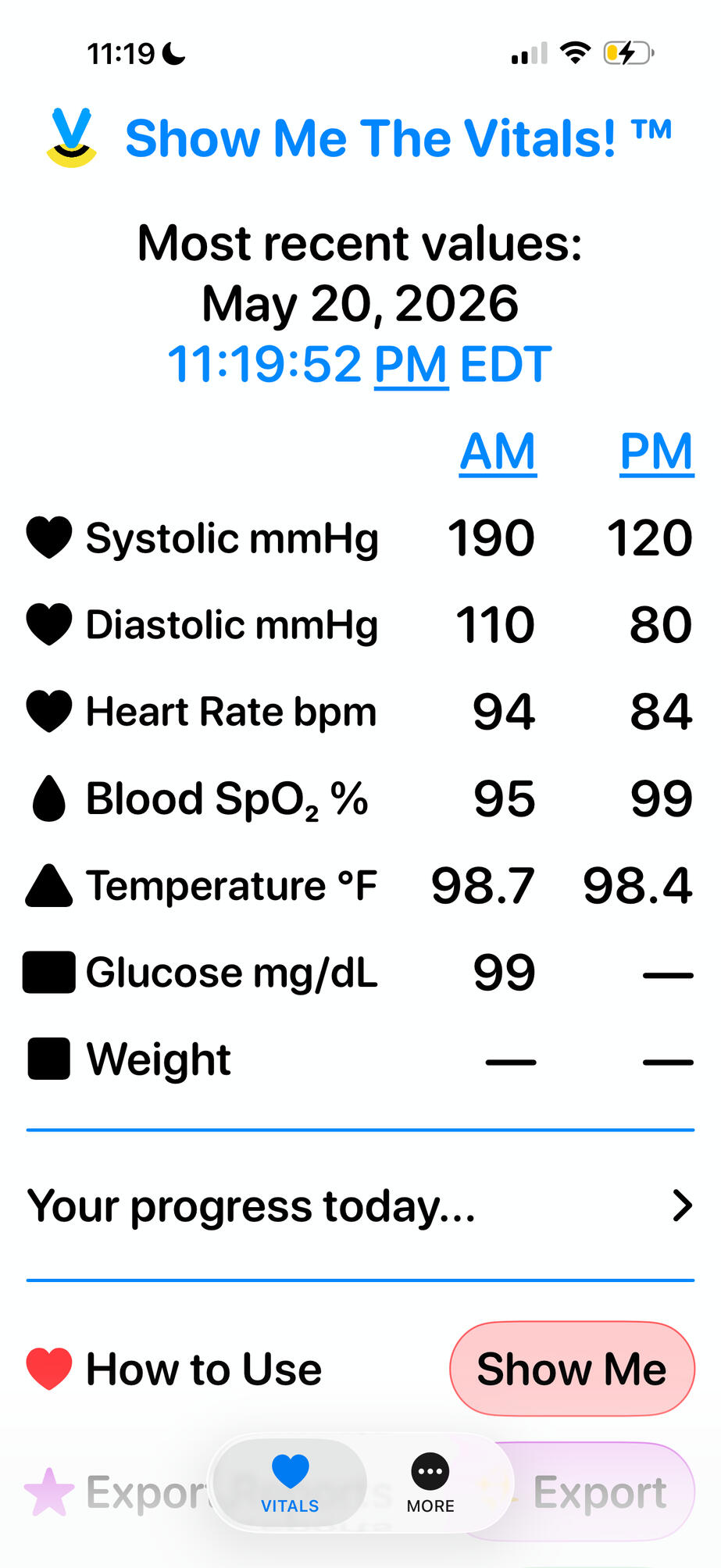 Show Me The Vitals app screen showing the entire app in day mode.