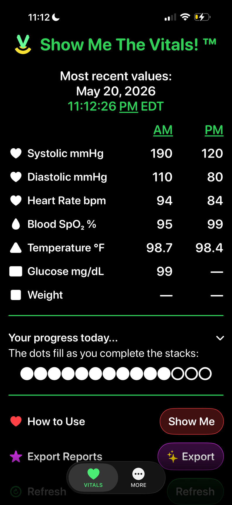 Show Me The Vitals app screen in night mode showing today’s AM and PM vital-sign stacks.