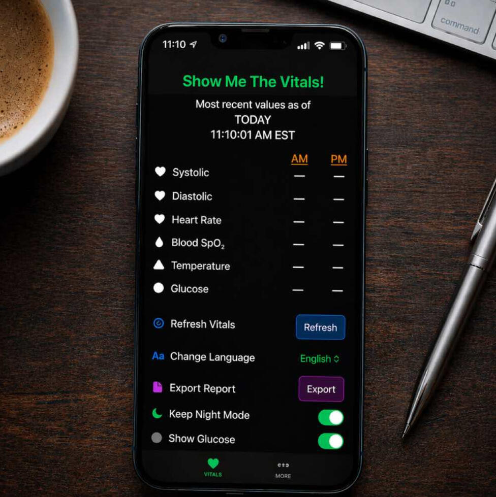 Show Me The Vitals app screen in night mode showing today’s AM and PM vital-sign stacks.