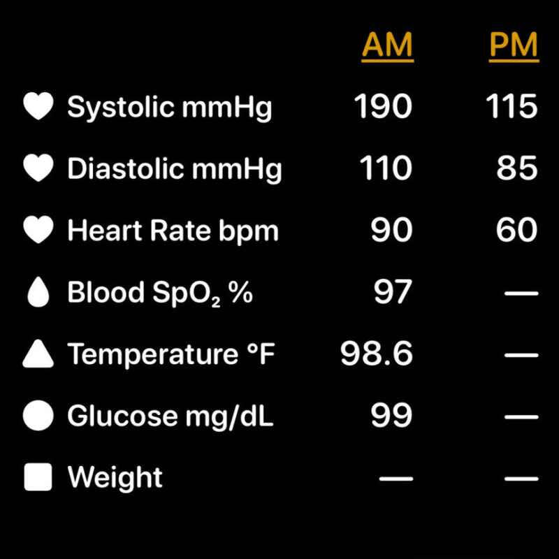 Close-up of the app showing today’s AM and PM vital-sign columns.